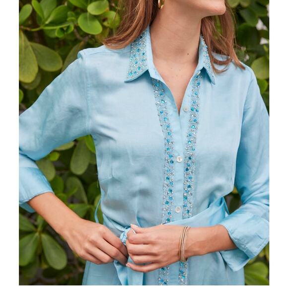 Bella Tu embellished 54" Kara caftan linen blend shirtdress size M $415 NWT - Picture 2 of 16